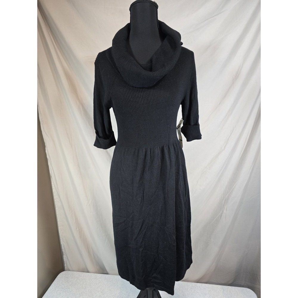 New Evan Picone Sweater Dress‎ Womens Small Black Short Sleeve Cowl Neck- Large